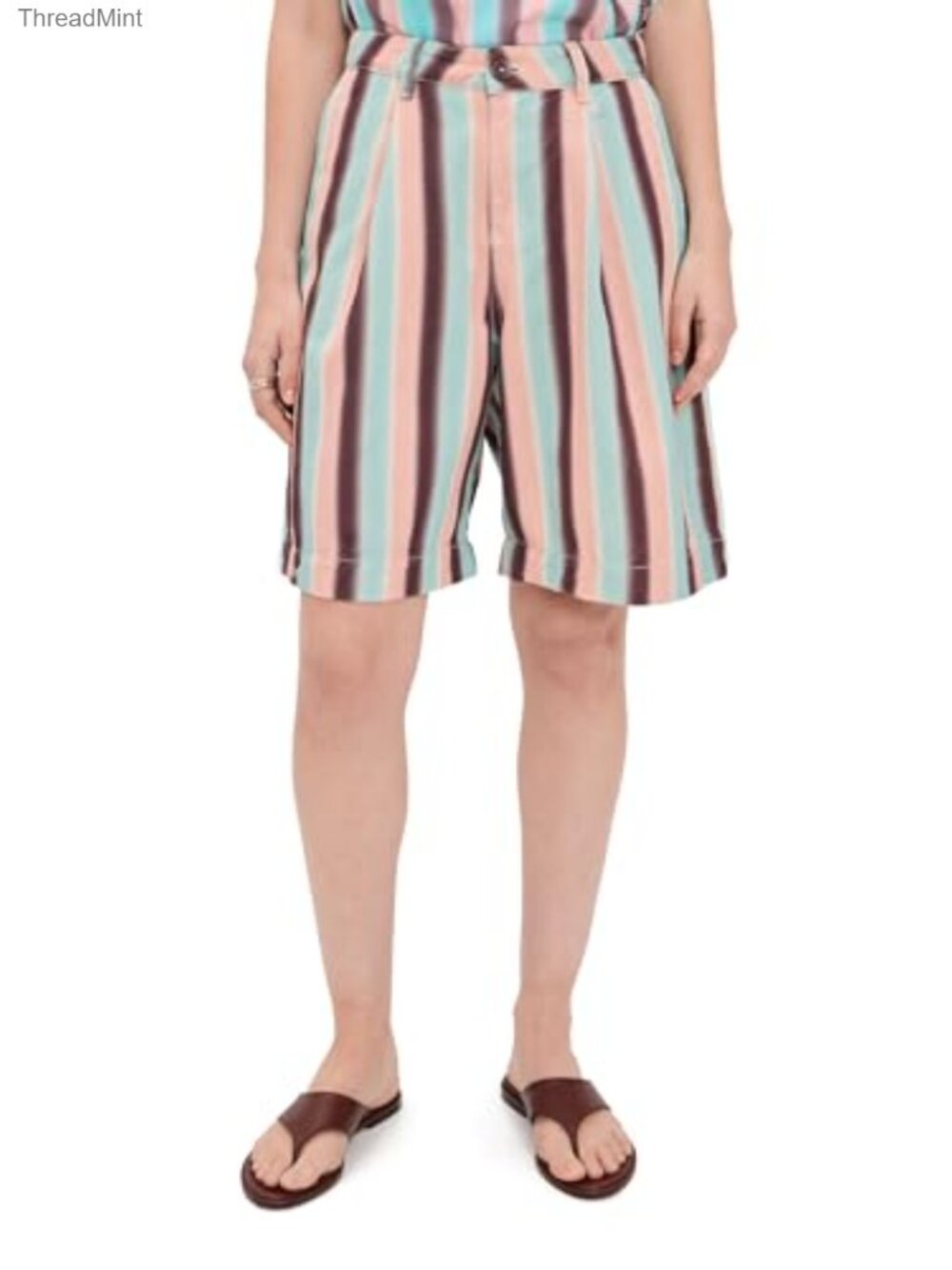 Women's Mid-Weight Non-Stretch Denim Bermuda Shorts High Rise Pleated
